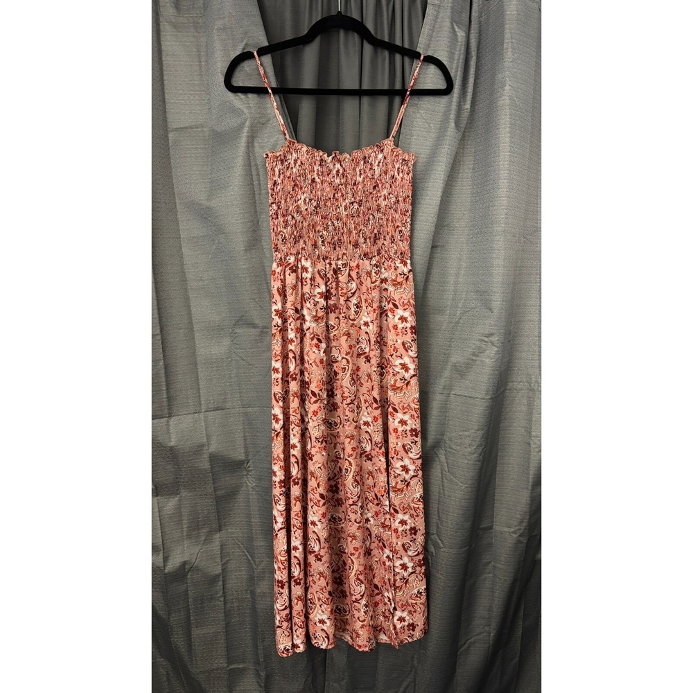 Resa Smocked Maxi Dress Women M Pink Floral Front Slit Cottagecore Summer Dainty